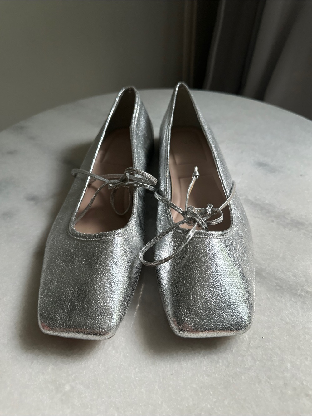 Zara Metallic Silver Square-Toe Ballet Flats with Tie Detail